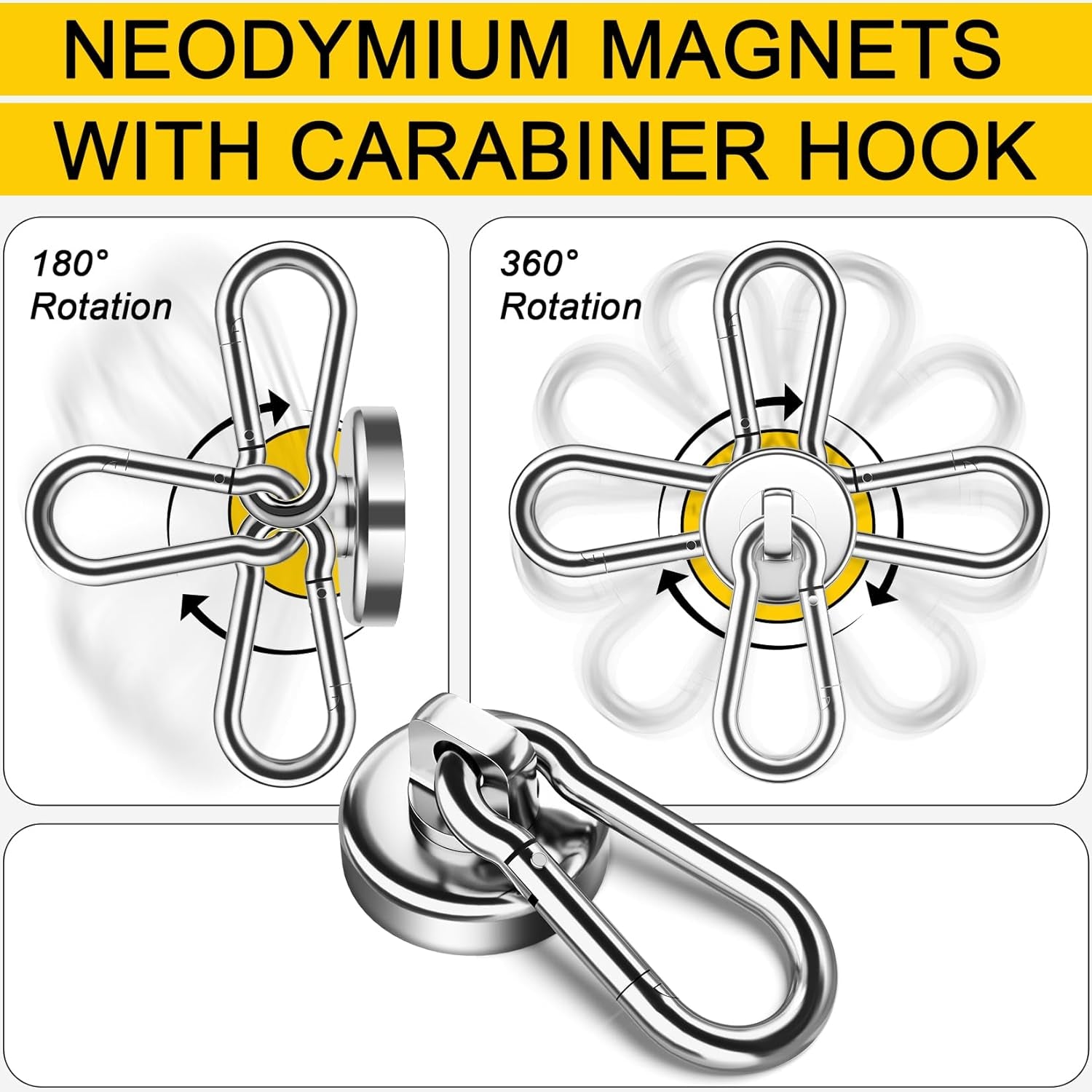 4Pack Magnetic Hooks with Swivel Carabiner, 50LBS Neodymium Magnet Hooks Heavy Duty, Strong Magnetic Hooks for Hanging, Magnet with Hook for Outdoor, Garage, Warehouse, Home