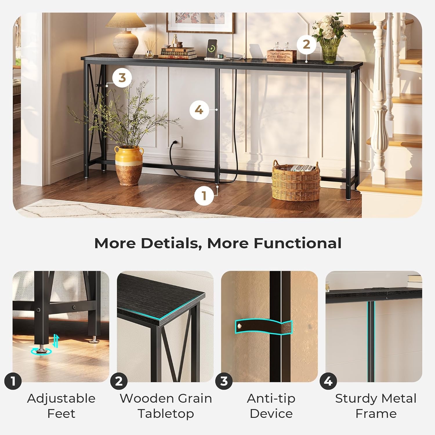 70-Inch Console Table with Outlets and USB-C Port, Extra Long X-Shaped Design for Entryway and Living Room, Metal Frame with Wooden Top, Black Finish