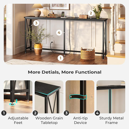 70-Inch Console Table with Outlets and USB-C Port, Extra Long X-Shaped Design for Entryway and Living Room, Metal Frame with Wooden Top, Black Finish