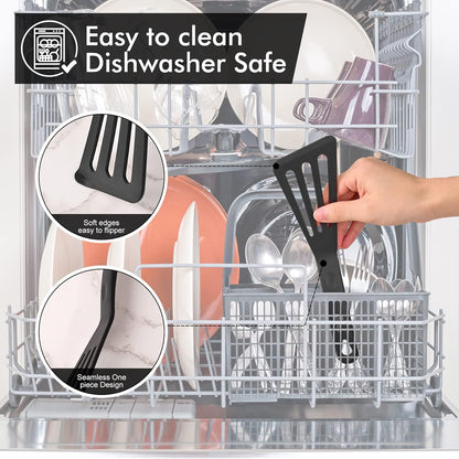 Heat Resistant Silicone Slotted Fish Turner Spatula Set, Flipper Cooking Spatulas, for Non Stick Cookware Dishwasher Safe, Black