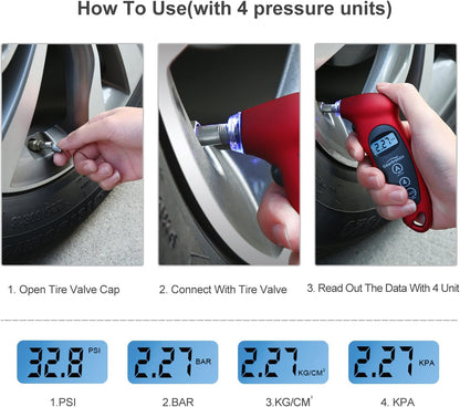 Digital Tire Pressure Gauge 150 PSI 4 Settings with Backlight LCD Tire Gauge for Cars, Motorcycles and Bikes with Non-Slip Grip, 2 Pack