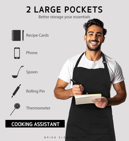 4 Pack Chef Apron, Adjustable Bib Apron Waterdrop Resistant Professional Cooking Aprons for Men Women with 2 Pockets, Black