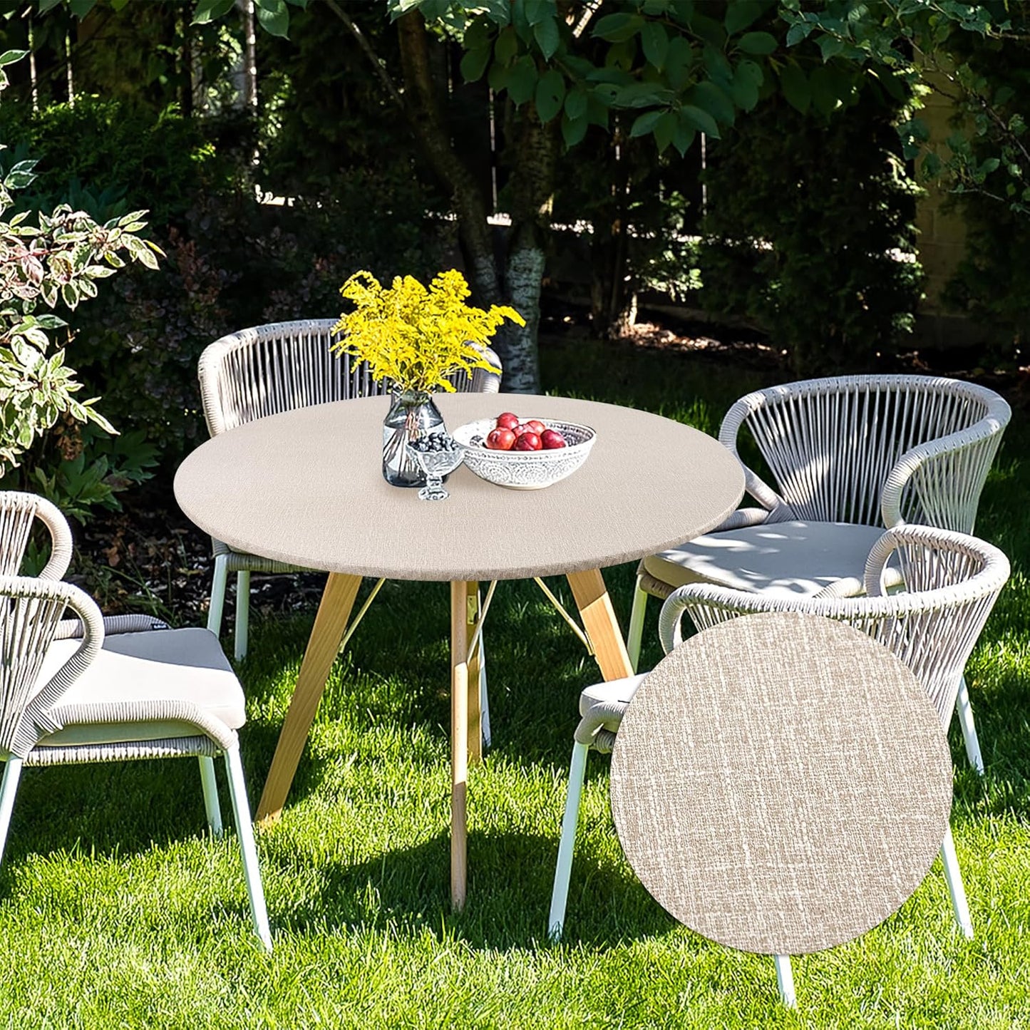 2-Pack Faux Linen Round Table Covers with Flannel Backing, Waterproof Vinyl Fitted Elastic Tablecloths for Picnics, Parties, and Indoor Dining (Fits 45"-56" Round Tables)