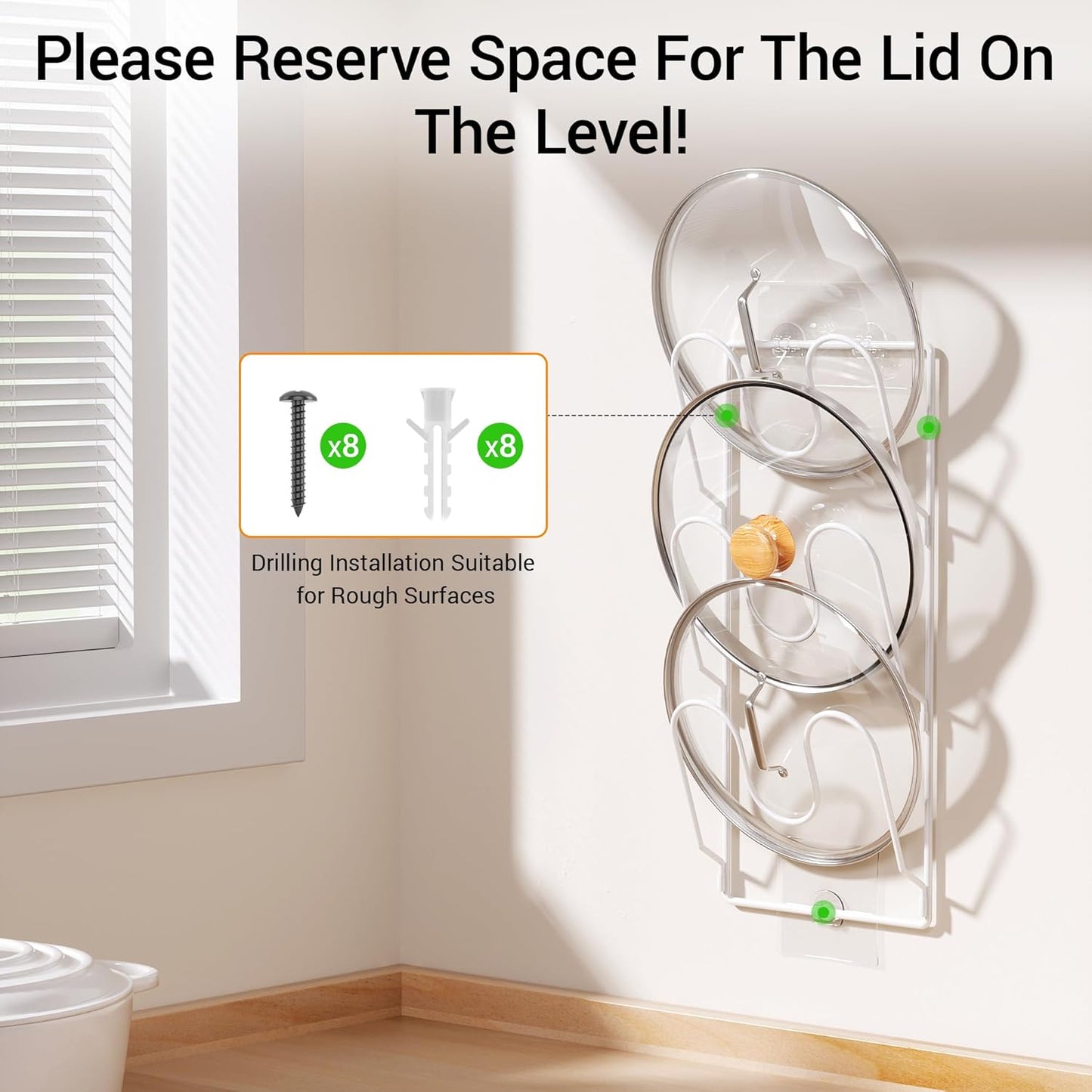 2 Pack Pot Lid Organizer Rack for Cabinet Door/Wall, 6-Tier Pot Lid Holders inside Cabinet Door, No Drilling Adhesive Wall/Door Mounted Rustproof Pots and Pans Lid Organizers for Kitchen Storage White