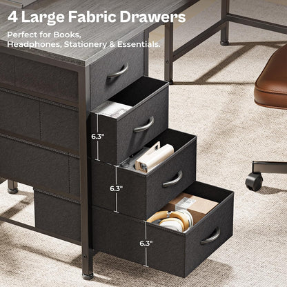 63-Inch L-Shaped Desk with Fabric Drawers, Reversible Computer Gaming Desk Featuring Power Outlets and USB-C Port, Adjustable Side Storage Shelves for Home Office and Study Corner, Grey