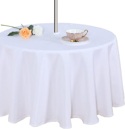 Outdoor and Indoor Table Cover - Washable, Waterproof, Wrinkle-Free Tablecloth with Zipper and Umbrella Hole for Spring/Summer Events, Picnics, BBQs, and Patios - White, 60" Round