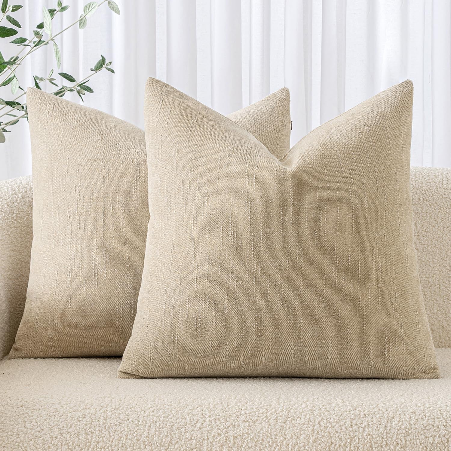 Pack of 2 Decorative Throw Pillow Covers Soft Chenille Throw Pillows Solid Textured Cushion Covers for Couch Sofa Bedroom Living Room 18X18 Inch, Beige