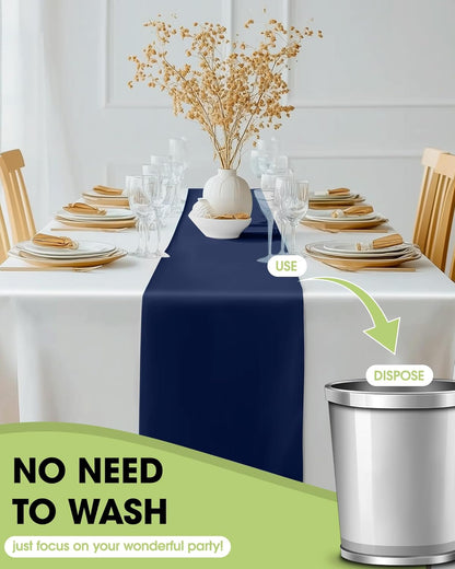 Navy Blue Plastic Table Runners - 12 Pack, 14'' X 108'', Water Resistant & Disposable Centerpiece Decorations for Table Cloth, Wedding, Birthday, Holiday, Baby Shower, Party, Home Decor