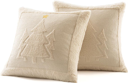 Christmas Trees Pillow Covers Set of 2 Decorative Soft Throw Pillows Plush Faux Fur Wool Embroidered Couch Cushion for Holiday Winter Home Decor Chair Sofa Bedroom Living Room,Beige 18X18Inch