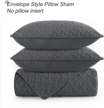 Queen/Full Size Lightweight Soft Quilt Set, 3-Piece Grey Bedspread Coverlet Bedding for All Seasons with Woven Pattern