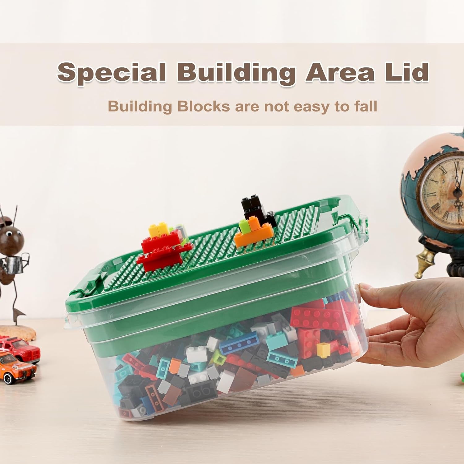 Plastic Storage Container with Brick Baseplate Lid for Building Blocks, Compartmentalized Organizer Tray, Stackable Storage Box for Building Block Collection (Green)