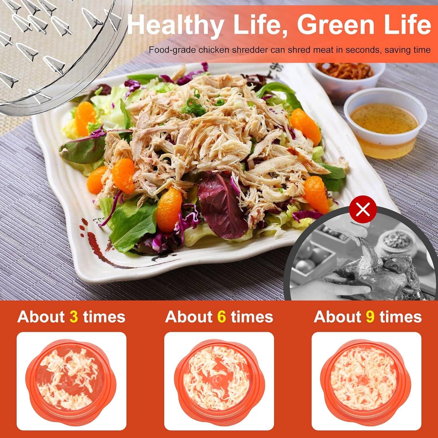 Chicken Shredder Large Chicken Breast Shredder Tool Twist with Brush&Fork, Visible Meat Shredder Machine, Anti-Slip Strip, Ergonomic Handle, BPA Free, Suitable for Pork Beef Chicken(Orange)