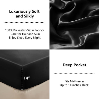 Satin Fitted Sheet Queen Size, Black Silky Satin Bed Fitted Sheet Only with Microfiber, Deep Pocket, Single Bottom Sheet Sold Separately, Breathable, Smooth and Soft