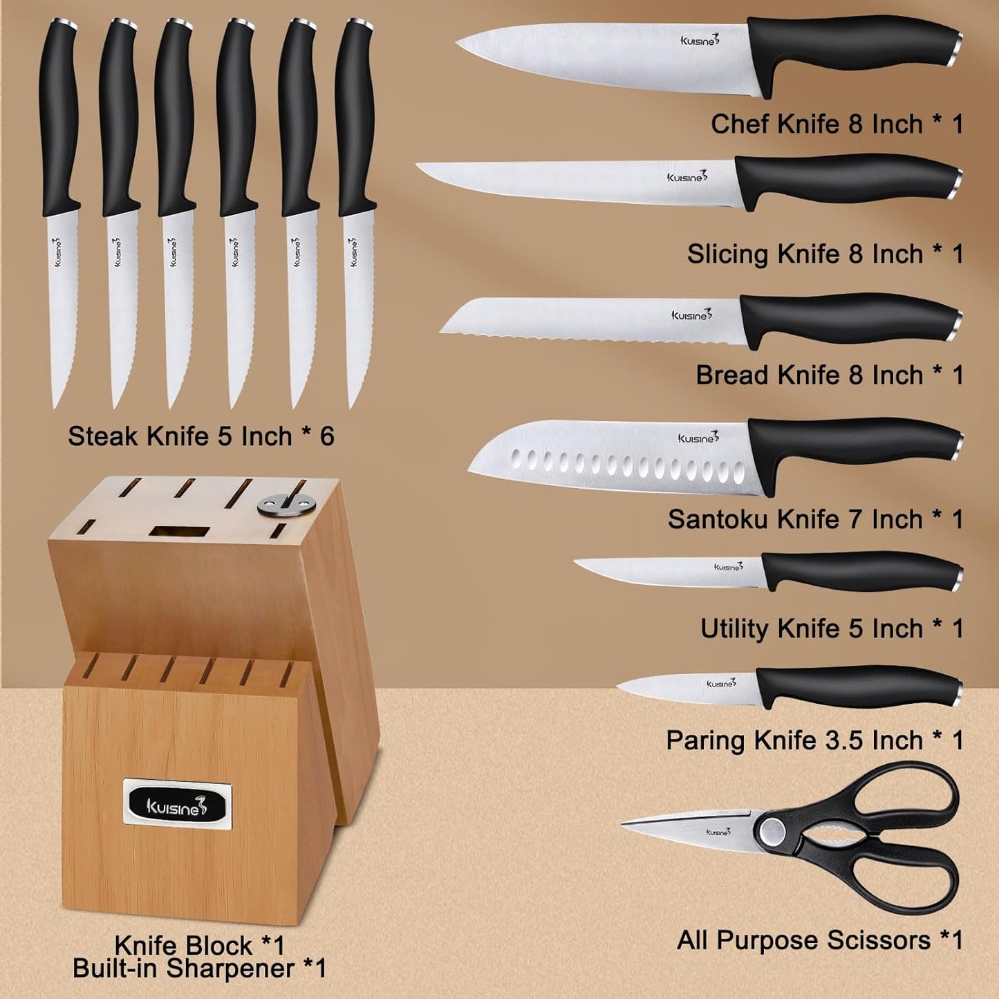 Chef Knife Set,High Carbon Stainless Steel Ultra Sharp Blade Ergonomic Handle,Kitchen Knife Block Set with Built-In Sharpener, Elegant Gift for Holiday(Acacia,15Pcs)