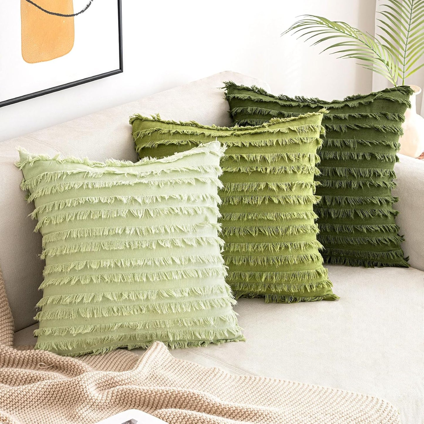Pack of 2 Decorative Boho Throw Pillow Covers 20X20 Inch Sage Green Pillowcases Linen Striped Jacquard Pattern Pillow Covers Modern Farmhouse Home Decor for Spring Sofa Living Room Couch