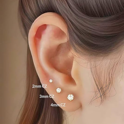 3Mm Gold CZ Tiny Stud Cartilage Flatback Earrings, Plated Flat Back Cubic Zirconia Earrings for Helix Cartilage Tragus Earlobe Piercing Jewelry Gift for Women Men (Golden, 3Mm)