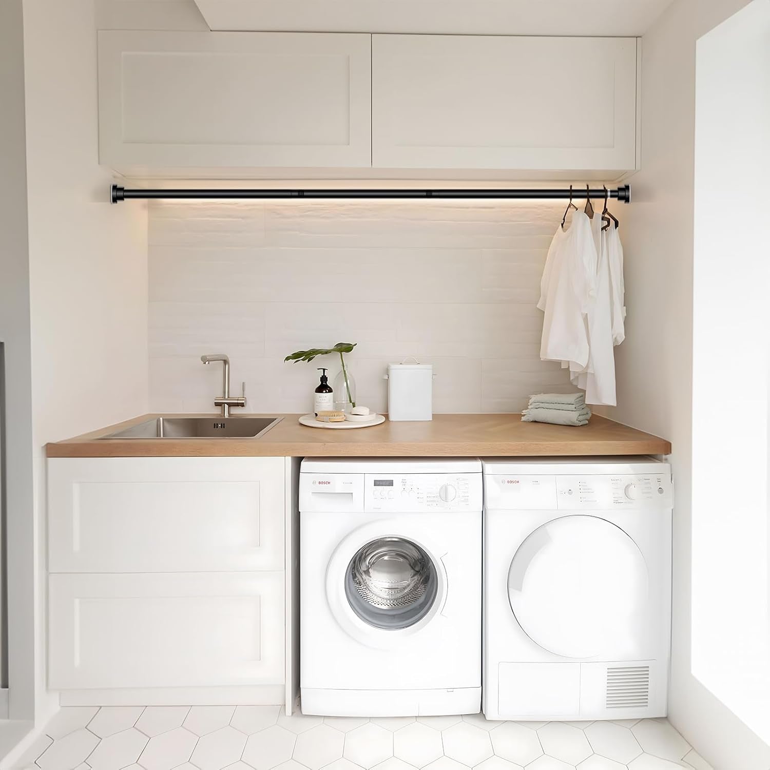 Black Spring Tension Curtain Rod No Drilling 30-63Inch 1Pcs,Non-Slip Adjustable Tension Rod,Tension Rods for Windows Non-Rust,Spring Curtain Tension Rod Extendable Window Tension Rod