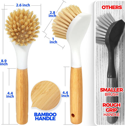 3 Pack Dish Brush Set with Bamboo Handle, Kitchen Brushes for Cleaning Pot, Sink and Stove, Skillet Scrubber with Tough Bristles for Cast Iron Grill Pan, Yellow White Black