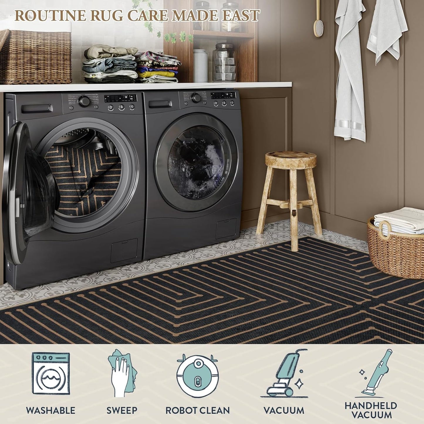 Neutral Geometric 3X5 Easy Jute Rug, Washable Rugs for Bedroom Entryway Outdoor Patio Porch Carpet, Farmhouse Rhombus Non Slip Non Shedding Black Carpet for Kitchen Entrance Balcony