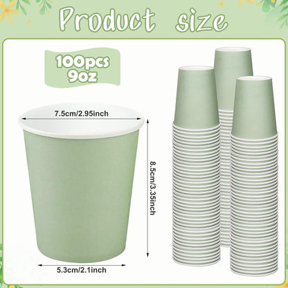 100Pcs 9Oz Sage Green Paper Cups,Disposable Coffee Paper Cup,Green Party Cups Beverage Drinking to Go Cups for Birthday Bridal Shower Wedding Easter St Patricks Baby Shower Party Supplies