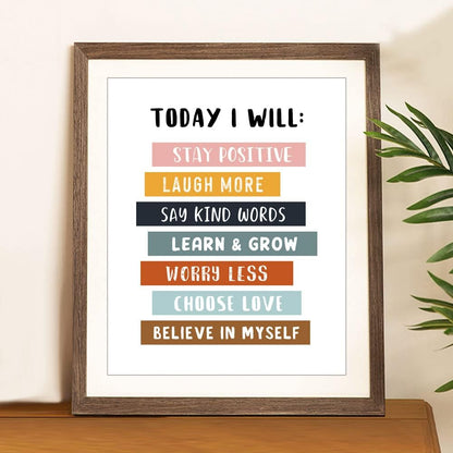 Today I Will Positive Quotes Print, Educational Wall Art for Classroom or Playroom, Inspirational Affirmation Poster for Kids, Unframed (11X14 INCH)