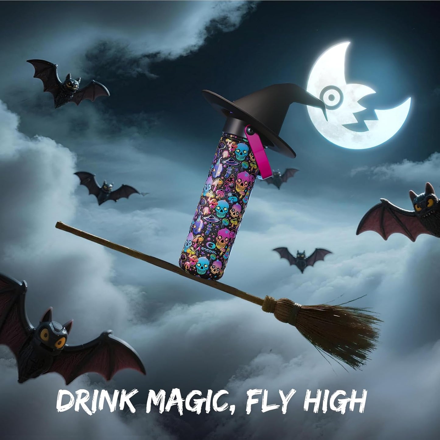 Halloween Insulated Water Bottle with Straw, Stainless Steel Water Bottle, Leak Proof Bpa-Free, Keeps Cold for 24 Hours for Sports, Skull Spooky Holiday Gifts (26 Oz, Trippy Skulls)