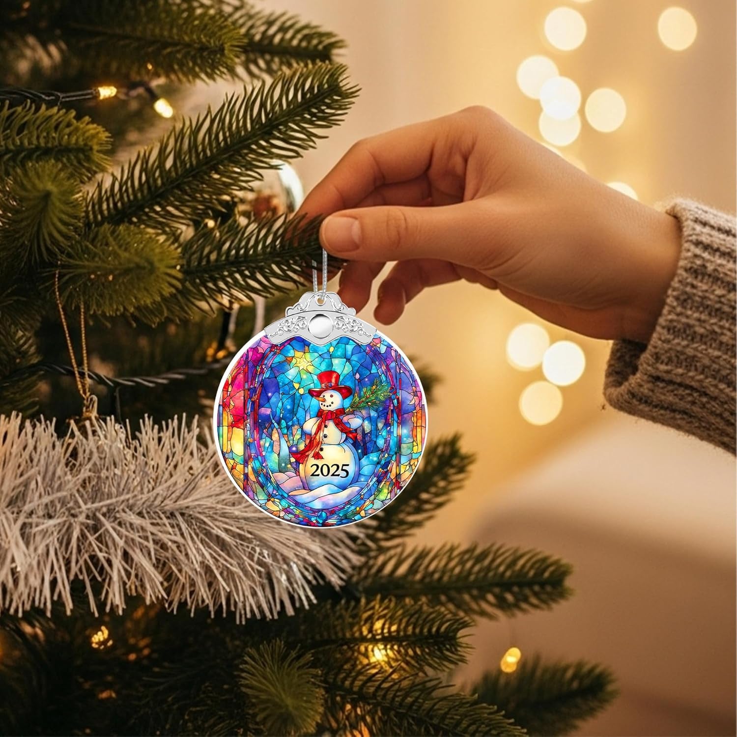 Christmas Ornaments 2025 Faux Stained Glass Effect, Christmas Tree Ornaments Dated, Acrylic Suncatcher Gifts Exchange, Unique Suncatcher Xmas Stocking Stuffers for Women, Men (Snowman Art)
