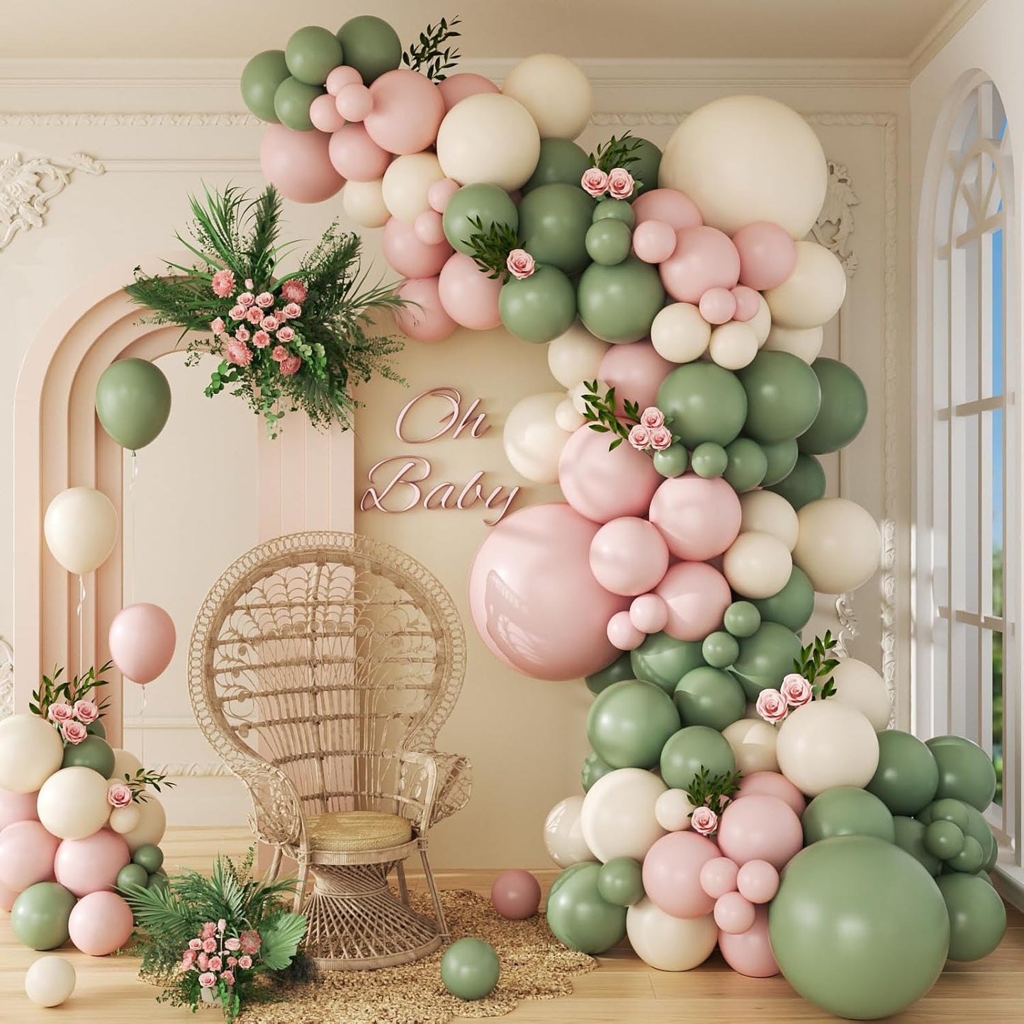 141Pcs Pink and Green Balloon Arch Garland Kit with Sage Green Pastel Pink Sand White Balloons for Birthday Bridal Shower Party Boho Baby in Bloom Baby Shower Decorations