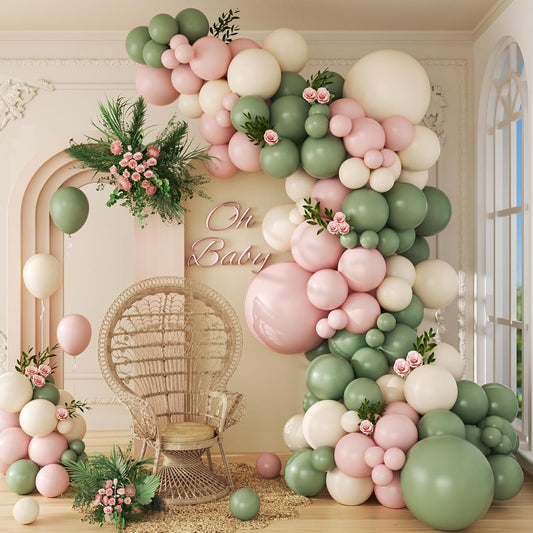 141Pcs Pink and Green Balloon Arch Garland Kit with Sage Green Pastel Pink Sand White Balloons for Birthday Bridal Shower Party Boho Baby in Bloom Baby Shower Decorations