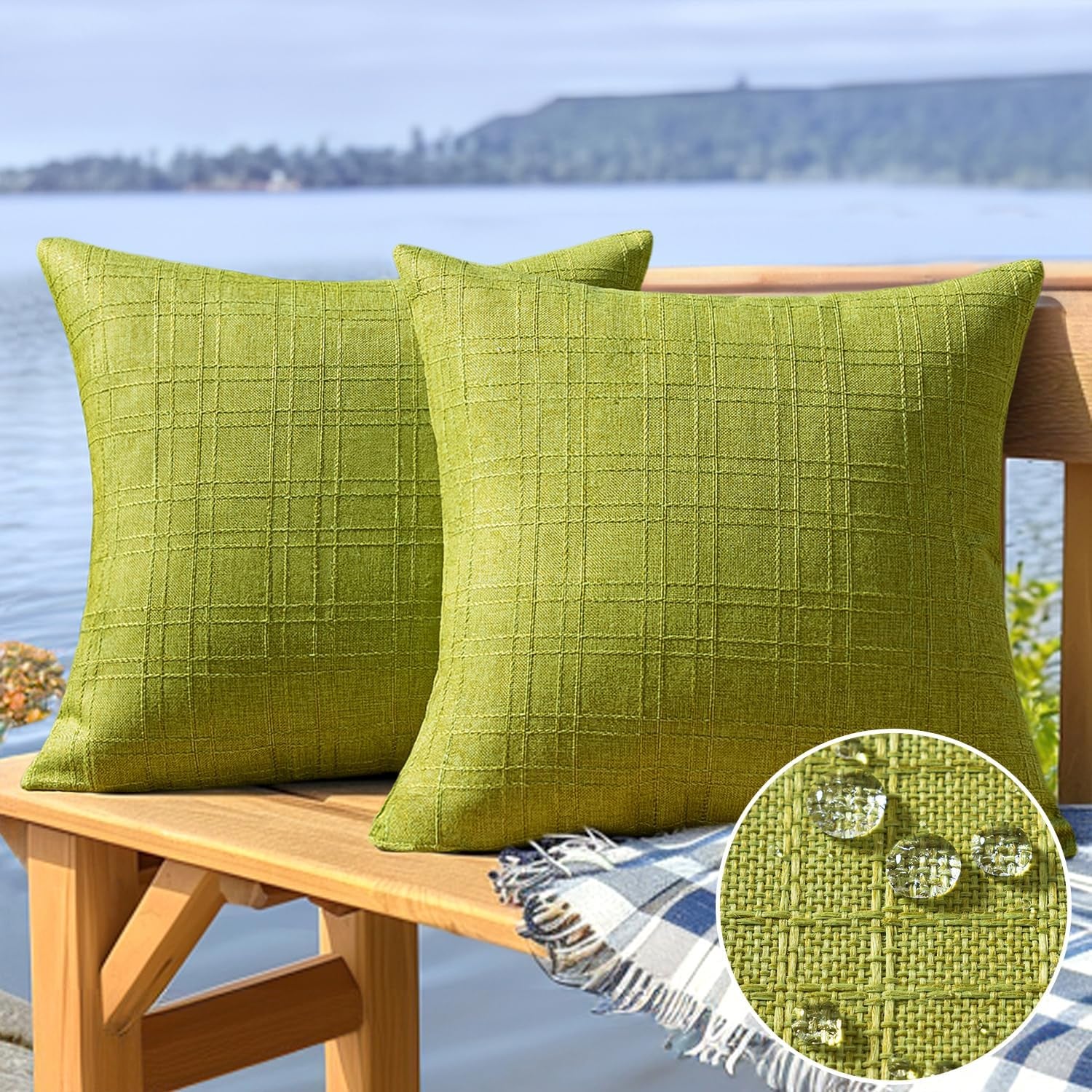 Outdoor Waterproof Throw Pillow Covers Decorative Farmhouse Water Resistant Cushion Covers for Tent Patio Garden Couch Sofa Pack of 2, 18X18 Inch Green