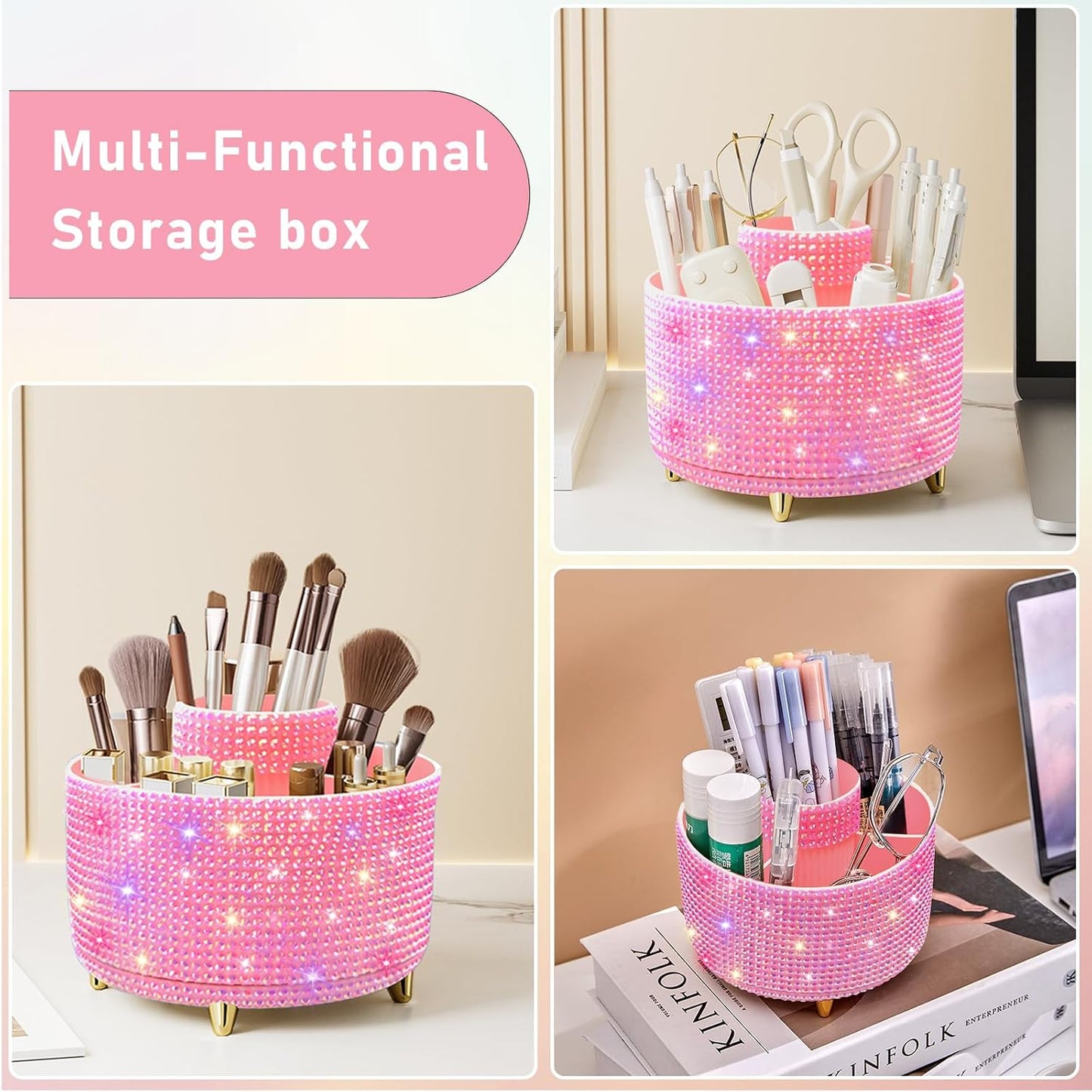 Bling Diamond 360° Makeup Brush Holder Organizer, Rotating Makeup Brush Organizer,5 Slot Make up Brushes Cup for Cosmetics, Vanity Desktop Organizer, Gift for Women Teen Girls- Diamond Pink