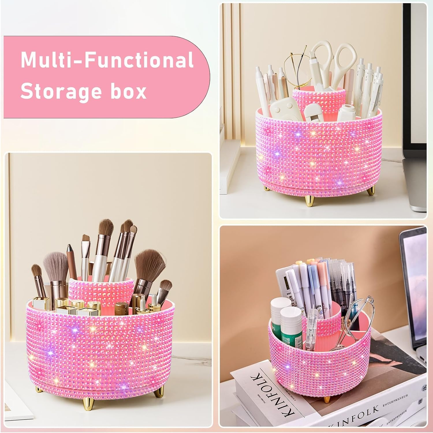 Bling Diamond 360° Makeup Brush Holder Organizer, Rotating Makeup Brush Organizer,5 Slot Make up Brushes Cup for Cosmetics, Vanity Desktop Organizer, Gift for Women Teen Girls- Diamond Pink