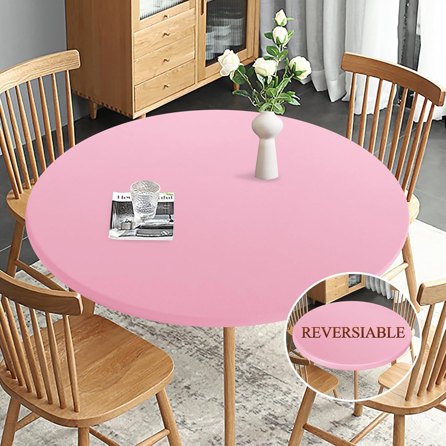 Fitted round Table Cloth, Reversible Waterproof Stain Resistant Elastic Stretch Tablecloth, Wipe Clean Table Cover for Outdoor/Indoor Use, Fits round Tables up to 40" - 44" Diameter, Baby Pink