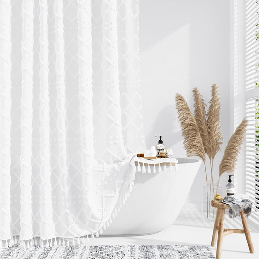 White Fabric Shower Curtain, Boho Tufted Geometric Striped Tassel Shower Curtain for Bathroom, Shabby Chic Textured Modern Farmhouse Waterproof Cloth Shower Curtain Set, Wrinkle Free, 72X72