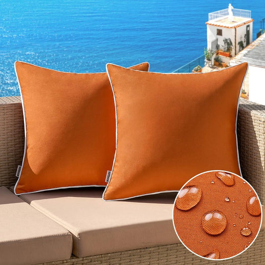 Set of 2 Orange 18x18 Inch Waterproof Solid Color Decorative Throw Pillow Covers for Indoor and Outdoor Use, Ideal for Patio, Tent, Bed, Sofa, and Living Room