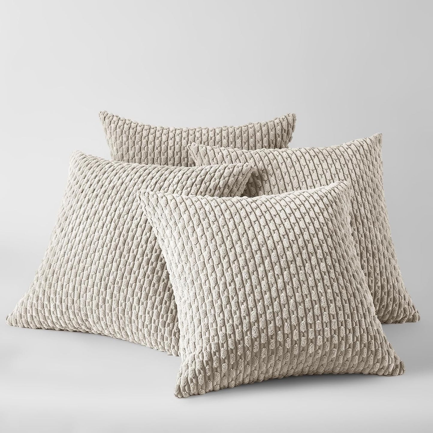 Set of 4 Neutral Taupe Decorative Throw Pillow Covers 18X18 Inch for Couch Bed Sofa Bedroom, Modern Farmhouse Boho Home Decor, Soft Fluffy Textured Corduroy Cute Beige Cushion Case 45X45 Cm