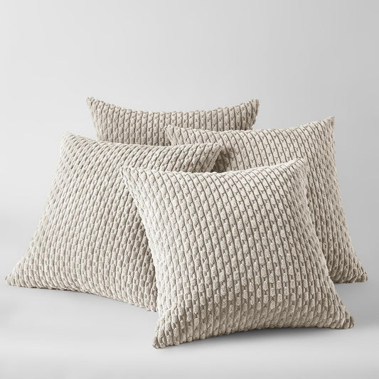 Set of 4 Neutral Taupe Decorative Throw Pillow Covers 18X18 Inch for Couch Bed Sofa Bedroom, Modern Farmhouse Boho Home Decor, Soft Fluffy Textured Corduroy Cute Beige Cushion Case 45X45 Cm