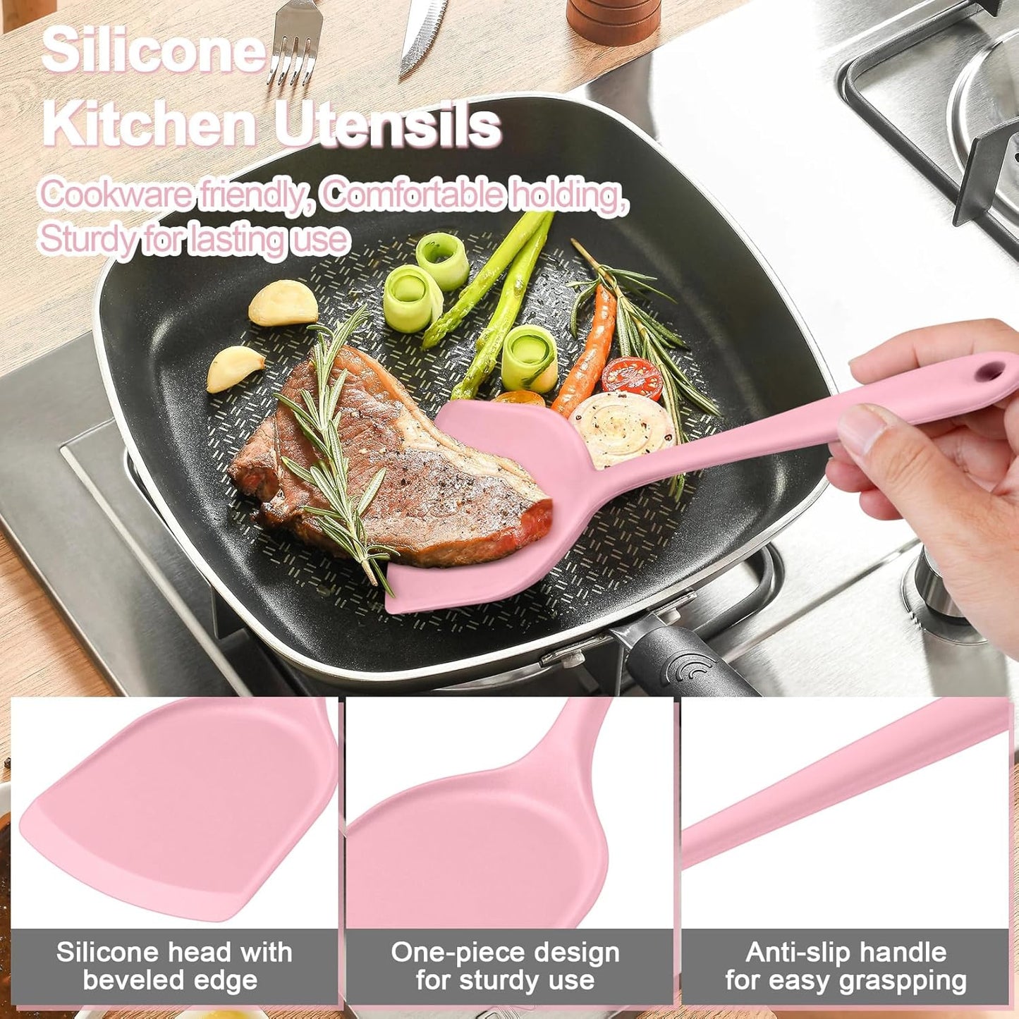 Kitchen Utensil Set, 4 Pieces Non-Stick Silicone Cooking Utensils, Heat-Resistant Slotted Solid Spoon Turner for Frying, Mixing, Serving, Non-Toxic & Easy to Clean, Pink