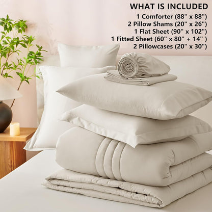Queen Comforter Set - 7 Pieces Bed in a Bag Beige Comforters Queen Size Bed Set, Soft Bedding Set with All Seasons Comforter, Sheets, Pillowcases & Shams