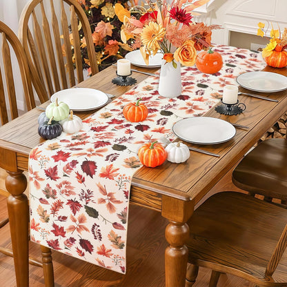 Fall Table Runner for Kitchen Dining Table, Thanksgiving Autumn Printed Harvest Pumpkins Maple Leaves Textured Fabric Halloween Holiday Home Decorations, Water-Proof, Washable, 13" W X 36" L