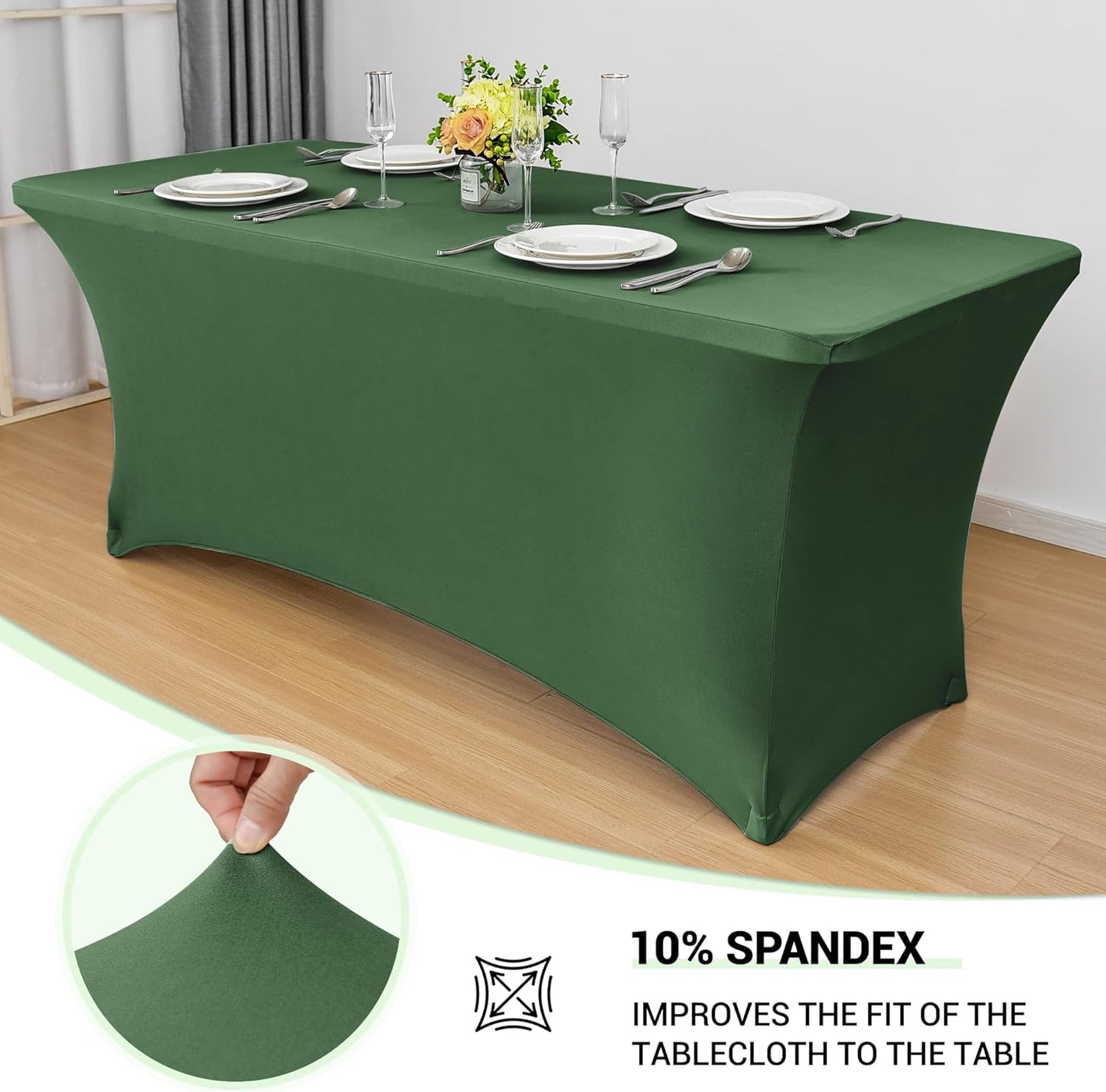 6Ft Blackish Green Stretch Spandex Table Cover for Standard Folding Tables - Universal Rectangular Fitted Tablecloth Protector for Wedding, Banquet and Party, 72L X 30W X 30H Inches, 2Pc