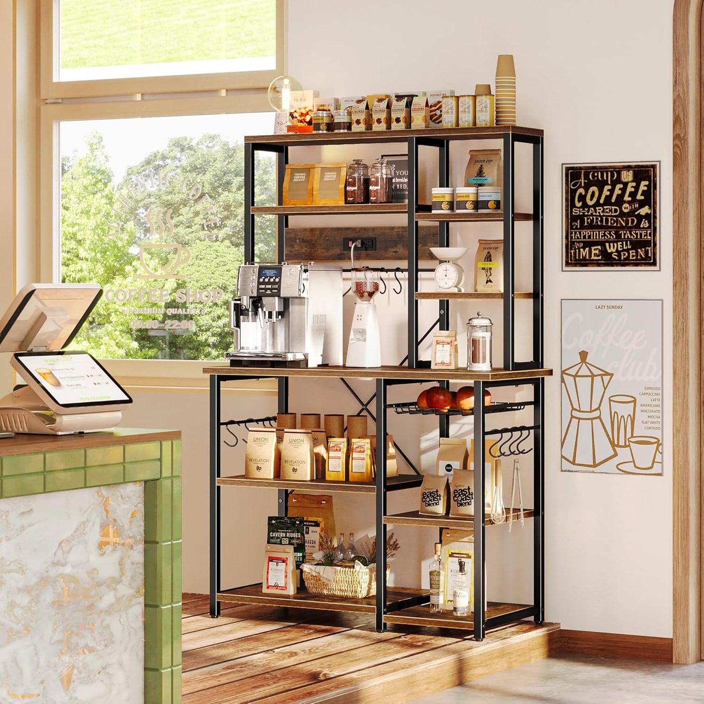 Large Rustic Brown Bakers Rack with Power Outlets, 6-Tier Microwave Stand and Coffee Bar, Featuring 12 S-Shaped Hooks and Wire Basket, Dimensions: 39.3 x 15.5 x 66.9 Inches