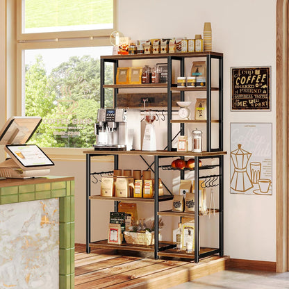 Large Rustic Brown Bakers Rack with Power Outlets, 6-Tier Microwave Stand and Coffee Bar, Featuring 12 S-Shaped Hooks and Wire Basket, Dimensions: 39.3 x 15.5 x 66.9 Inches