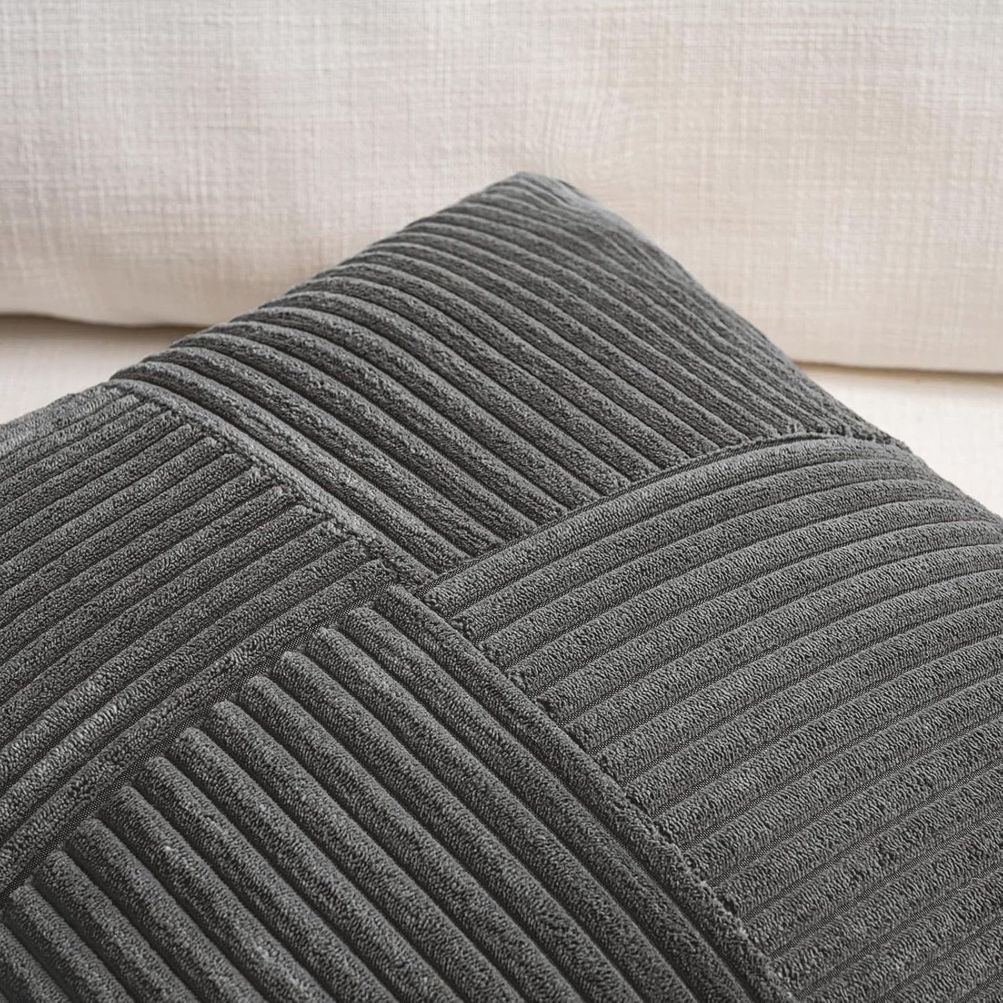 2 Packs Dark Gray Decorative Throw Pillow Covers 18X18 Inch for Living Room Couch Sofa, Rustic Farmhouse Boho Home Decor, Soft Corss Corduroy Patchwork Textured Square Cushion Case 45X45 Cm