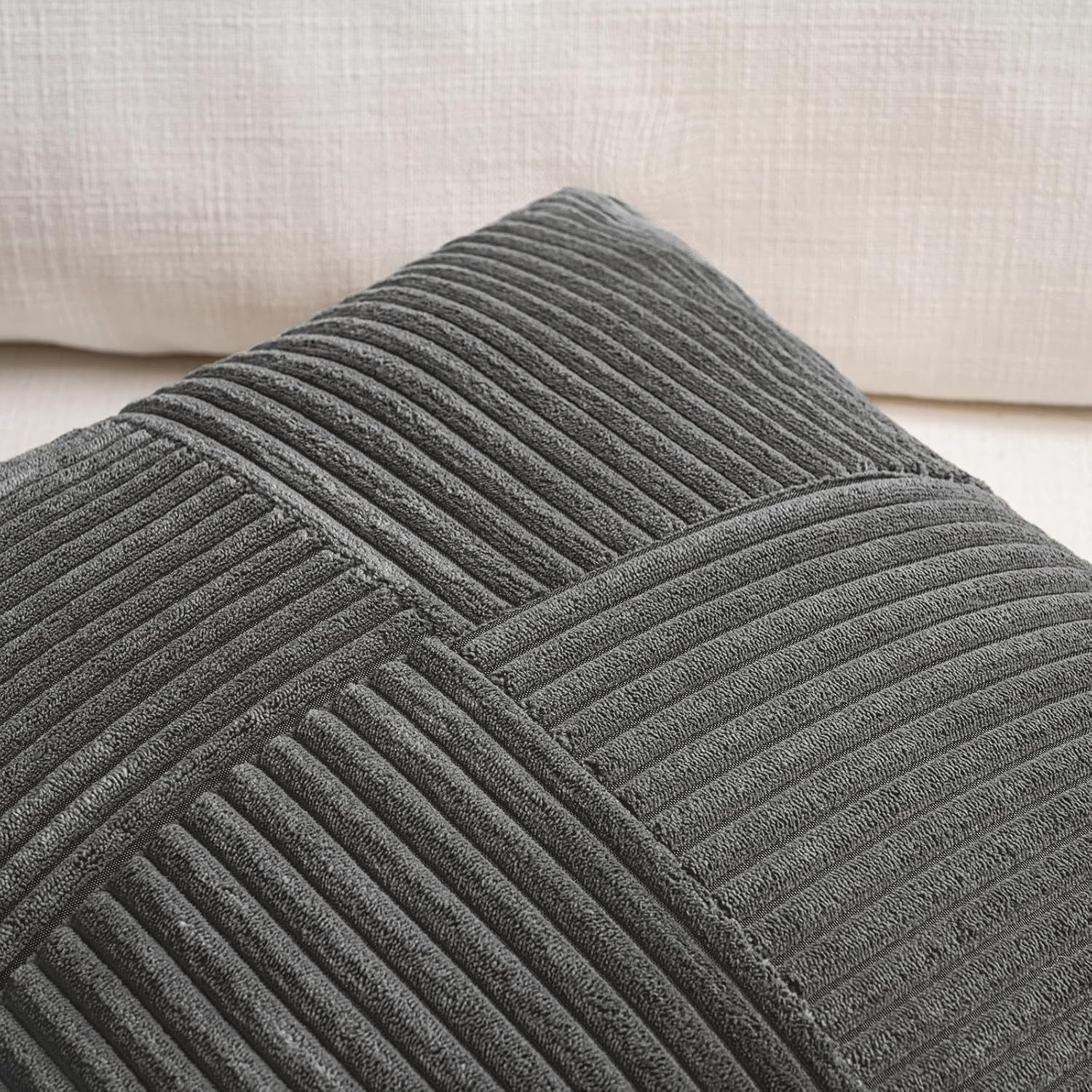 2 Packs Dark Gray Decorative Throw Pillow Covers 18X18 Inch for Living Room Couch Sofa, Rustic Farmhouse Boho Home Decor, Soft Corss Corduroy Patchwork Textured Square Cushion Case 45X45 Cm