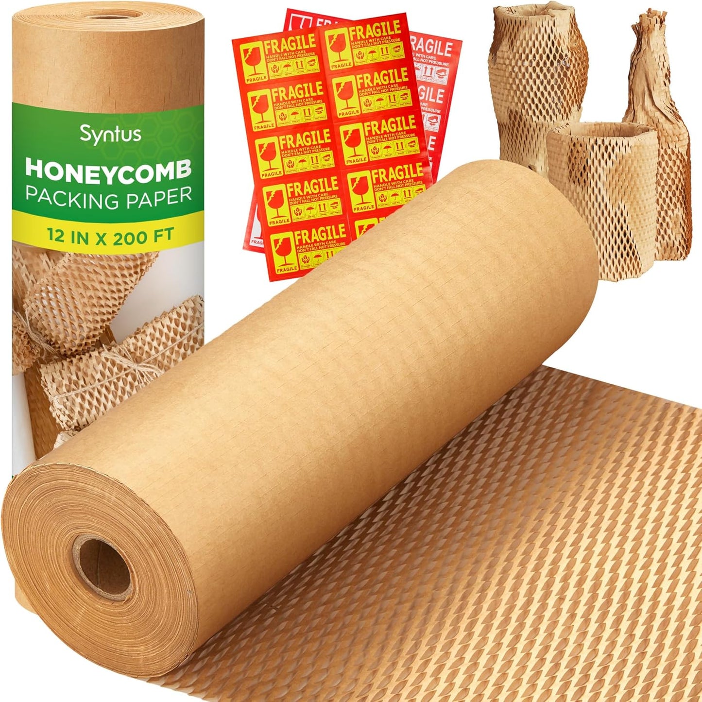 Honeycomb Packing Paper, 12" X 200' Cushion Bubble Packing Paper for Moving Shipping Packaging, Recyclable Moving Supplies Wrap Paper Roll with 20 Fragile Sticker Labels