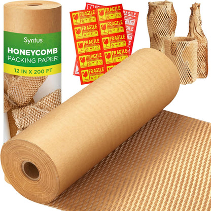 Honeycomb Packing Paper, 12" X 200' Cushion Bubble Packing Paper for Moving Shipping Packaging, Recyclable Moving Supplies Wrap Paper Roll with 20 Fragile Sticker Labels