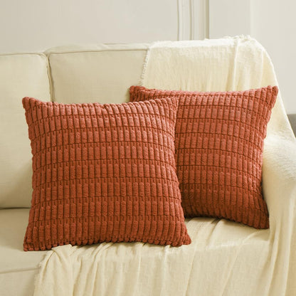 2 Packs Burnt Orange Decorative Throw Pillow Covers 18X18 Inch for Living Room Couch Bed Sofa, Farmhouse Boho Fall Home Decor, Soft Striped Corduroy Square Cushion Case 45X45 Cm