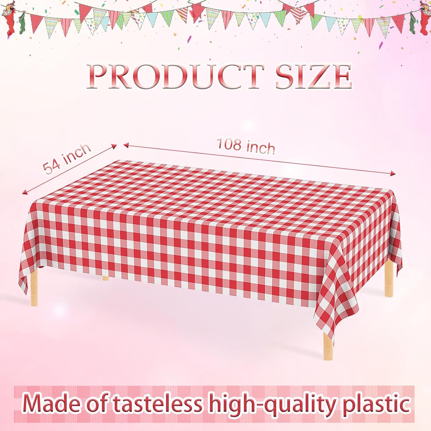 2 Pack Red Gingham Tablecloth Rectangular Red and White Checkered Tablecloths Disposable Plastic Red Plaid Table Cover for Parties, Christmas, Outdoor Picnic, Birthday, Wedding, Camping 54 × 108
