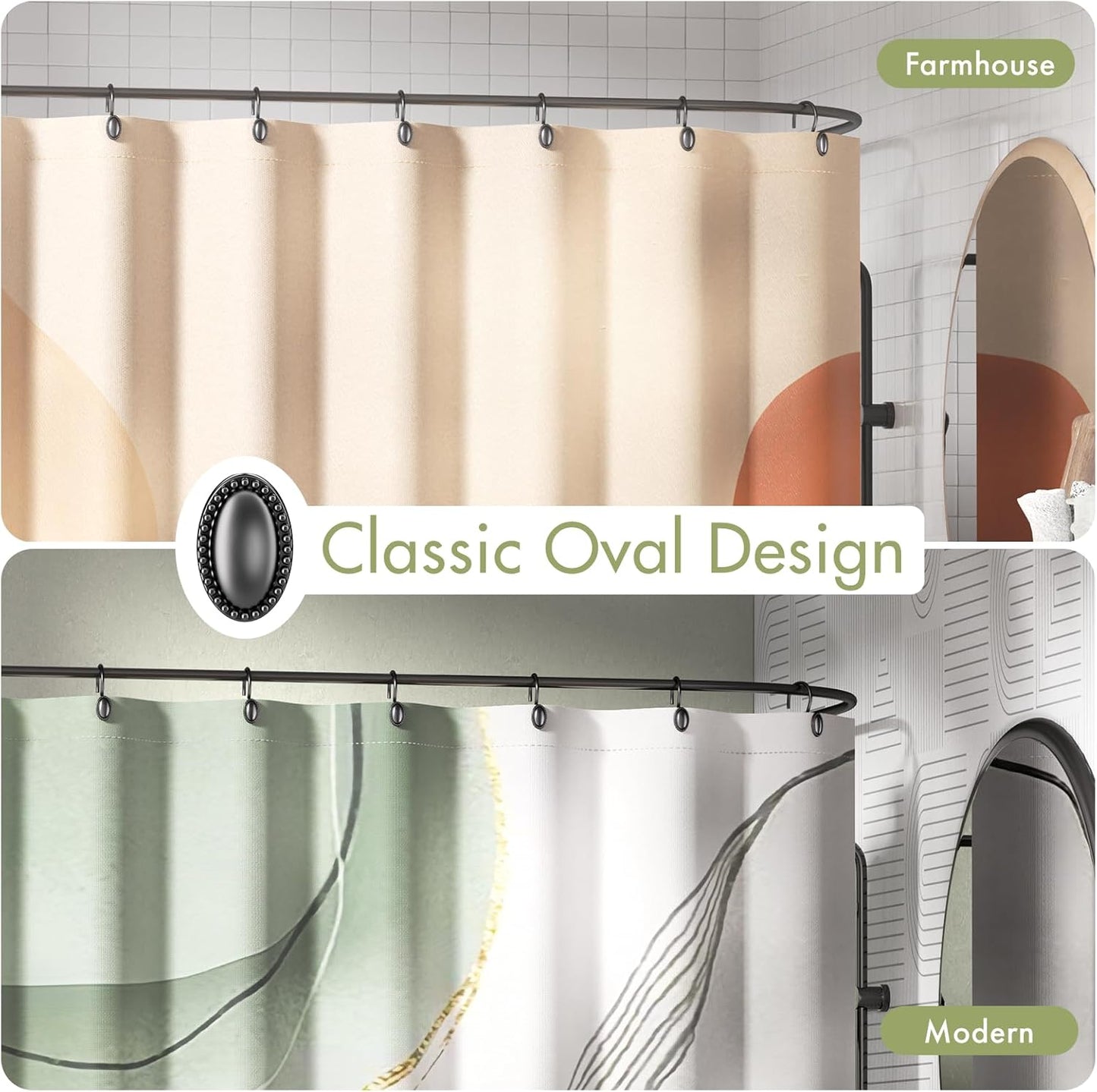 Black Shower Curtain Hooks, 12PCS Rust Proof Shower Curtain Rings, Decorative Modern Shower Curtain Hangers, Elliptical Heavy Duty Design Convenient for Bathroom Kitchen Wardrobe